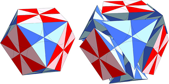 Quanta module constructions of eight regular tetrahedron and six half-octahedron converging on a common center to form the vector equilibrium, or VE.