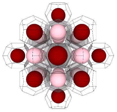 Wireframe Weaire-Phelan matrix aligned with the radial distribution of fifteen unique (red spheres) and eighteen non-unique nuclei (pink spheres).