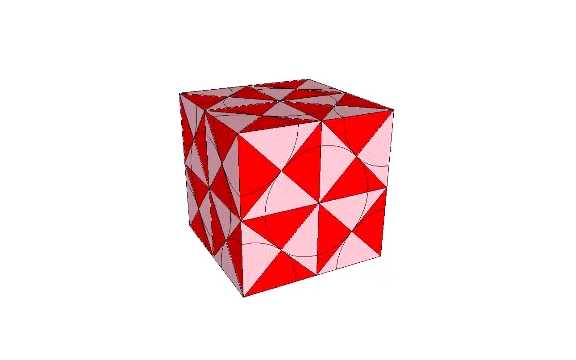 24-tetra-volume cube constructed of A and B quanta modules exploding to reveal eight unit tetrahedra surmounting a 1F octahedron.