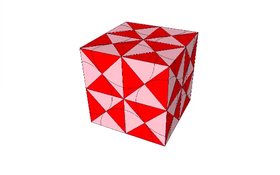 24-tetra-volume cube constructed of A and B quanta modules exploding to reveal the eight tetrahedra of the vector equilibrium at its center.