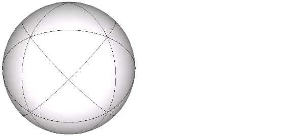Six intersecting disks describing the spherical rhombic dodecahedron, cube, and tetrahedron, emerging from a sphere scribed with the six great circles of the VE.