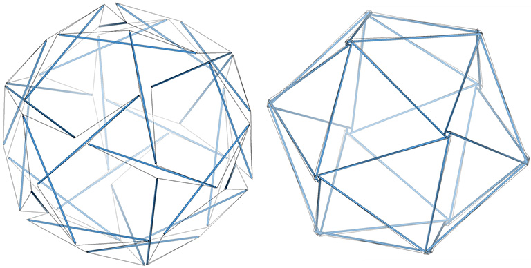 The 30-strut tensegrity in its spherical state (left), and in its polyhedron state, the tensegrity icosahedron (right).