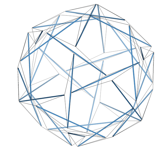 The 30-strut tensegrity sphere transforming into its polyhedron state, the tensegrity icosahedron, by pulling its 12 pentagonal vertex loops in tight. 