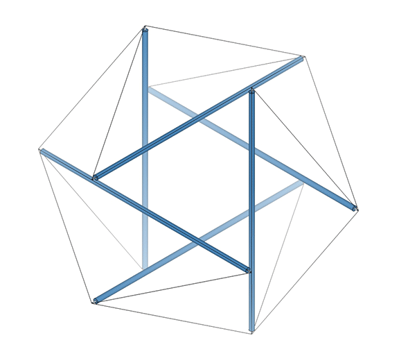 The six-strut tensegrity sphere transforming into its polyhedron state, the tensegrity tetrahedron, by pulling its four triangular vertex loops in tight. 
