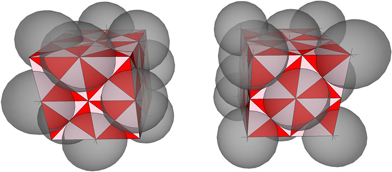 Two configurations of eight 3-tetra-volume cubes stacked around a common center. Transparent spheres occupy the vertices coincident with the isotropic vector matrix. The configuration on the left describes the 1F vector equilibrium with 12 spheres around a nuclear sphere; the configuration on the right describes the 2F cube with 14 spheres around a nuclear space.