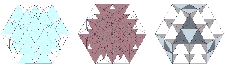 Three 2F vector equilibria constructed of 28 vertex-bonded positive tetrahedra (left), 28 vertex-bonded negative tetrahedra (middle), and 26 (14 whole and 24 half) edge-bonded octahedra (right).
