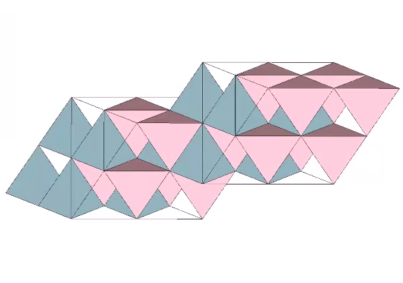 A matrix of octahedra unfolding into positive and negative tetrahedra, and vice versa.