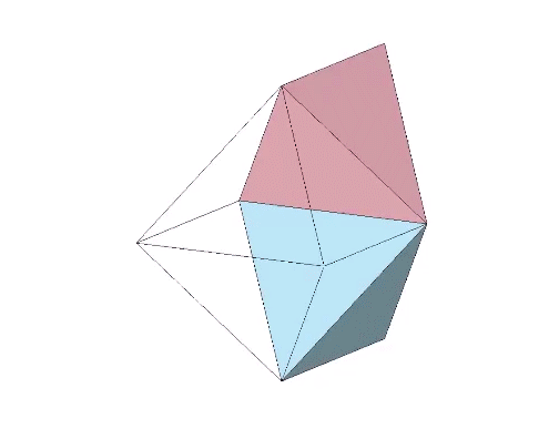 Octahedron constructed from the sequential unfolding of a positive and a negative tetrahedron (top), and from the simultaneous unfolding like the petals of a flower (bottom).