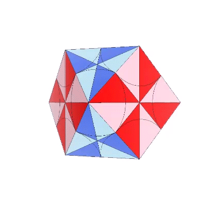 The vector equilibrium constructed of 336 A and 144 B quanta modules, exploding into eight tetraheda and six half-octahedra.