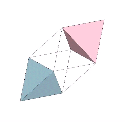 Two regular tetrahedron face-bonded to opposite faces of a regular octahedron. Their three remaining faces open like the petals of a flower to settle into positions occupied by the remaining six faces of the octahedron.