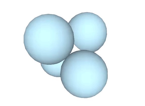 Four close-packed unit spheres constituting the regular tetrahedron disperse radially to reveal a concave octahedron at their common center.