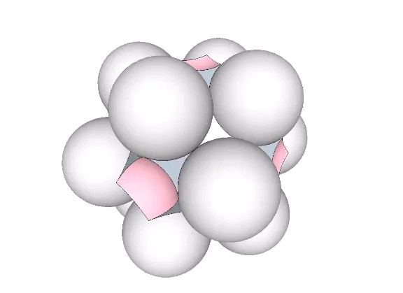 Twelve close-packed unit spheres constituting the vector equilibrium (VE) disperse radially to reveal six concave VEs and eight concave tetrahedra surrounding their common nucleus.