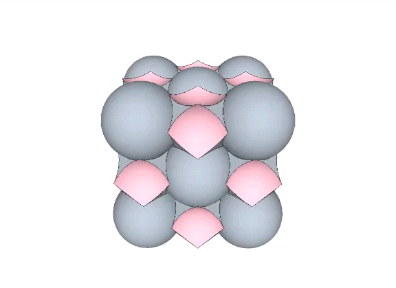 Fourteen close-packed unit spheres constituting the cube disperse radially to reveal twelve concave VEs and eight concave octahedra surrounding a concave VE at their common center.