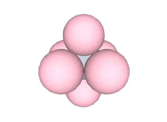 Six close-packed unit spheres constituting the octahedron disperse radially to reveal a concave vector equilibrium (VE) at their common center.