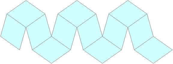 A polyhedron net of the rhombic dodecaheron, a snaking ribbon of rhomboid polygons. 