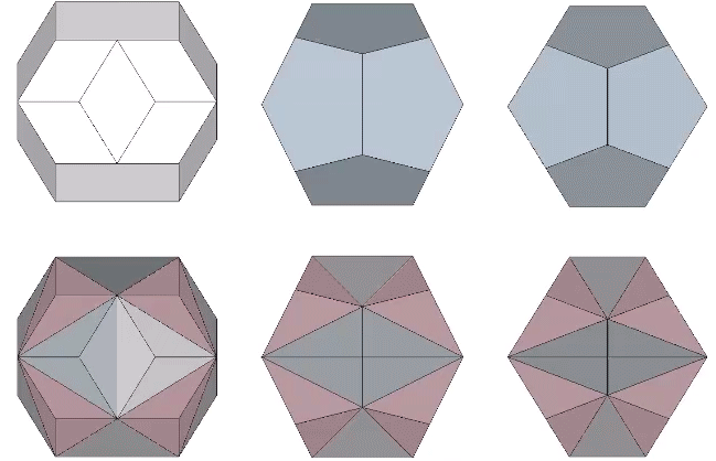 Opaque (top) and transparent (bottom) rhombic tricontahedron, pyritohedron, and pentagonal dodecahedron, enclosing (bottom) a regular icosahedron, Jessen orthogonal icosahedron, and the complement to the regular icosahedron.