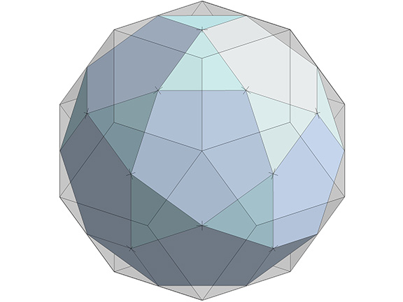 Face centers of rhombic triacontahedron connected to describe the icosidodecahedron.