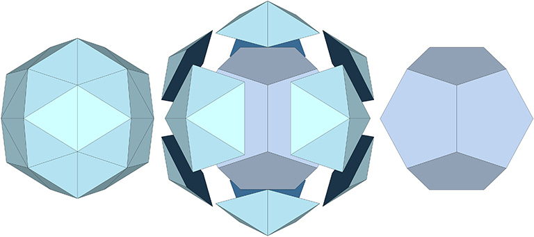 Rhombic triacontahedron scribed on the short diagonal of each face (left), and truncated along these lines (center), to describe the pentagonal dodecahedron (right).