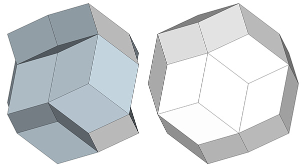 The concave rhombic triacontahedron (left) close packs with the convex rhombic triacontahedron (right) to fill all-space.