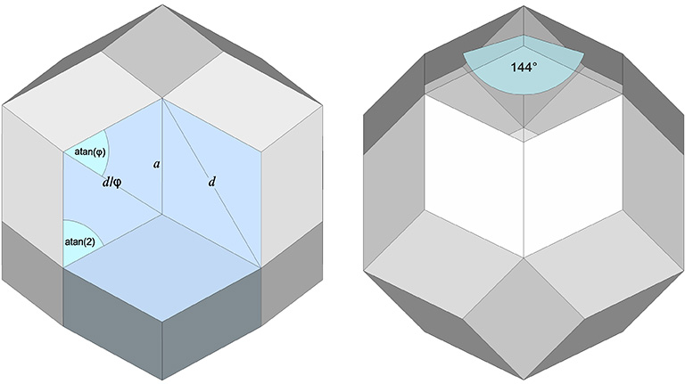 Rhombic Triacontahedron showing surface angles (left) and dihedral angle (right)