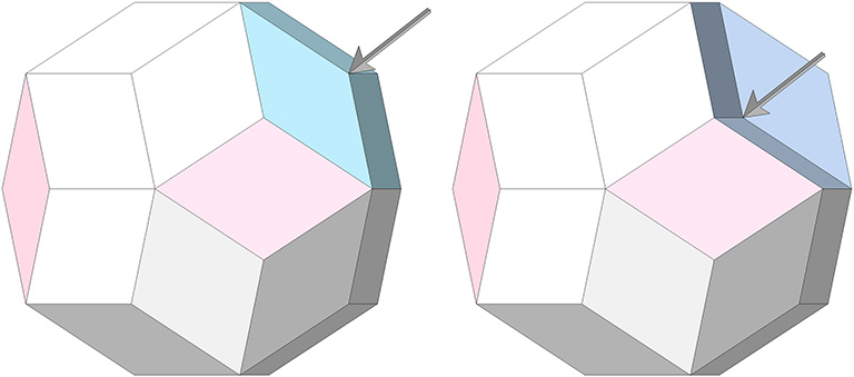 Rhombic triacontahedron (left), and dimpled on one of the eight three-member vertices (right).