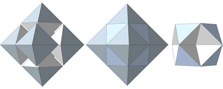 The spaces between six regular octahedron stacked edge-to-edge (left) define the eight tetrahedra of the VE (right).