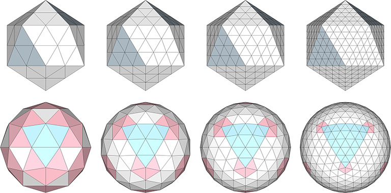 Class 1 geodesic polyhedra based on the regular icosahedron.