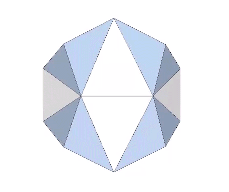 The counterpart to the regular icosahedron that occurs in the jitterbug transformation of the isotropic vector matrix constructed by truncating eight of the pentagonal dodecahedron's twenty vertices. Each is truncated along the equilateral triangles formed by joining the three face diagonals the surround the vertex.