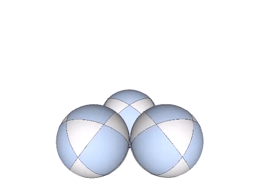 Three spheres forming a triangle are free to rotate inwardly toward their common center. Rotation stops when a fourth sphere intervenes to form a tetrahedron.