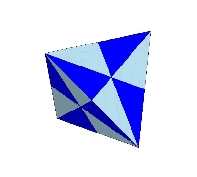 Regular tetrahedron subdividing into 24 (12 positive and 12 negative) A quanta modules.