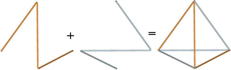 Two open triangles forming a clockwise and a counter-clockwise spiral combine to form a tetrahedron.