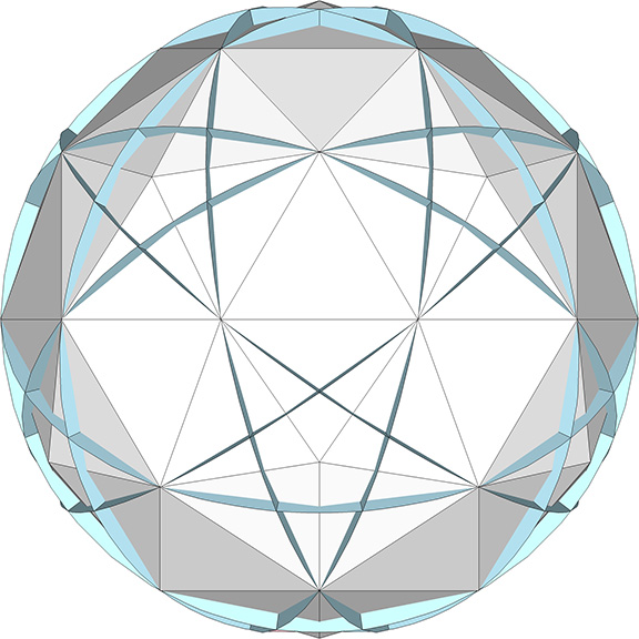 The ten great circles of the icosahedron superimposed on a 2F Class 1 geodesic icosahedron.