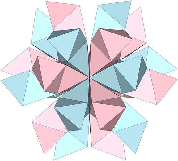 Twelve tetrahelices, six clockwise (blue) and six counterclockwise (pink) emerging from the faces of a common tetrahedron.