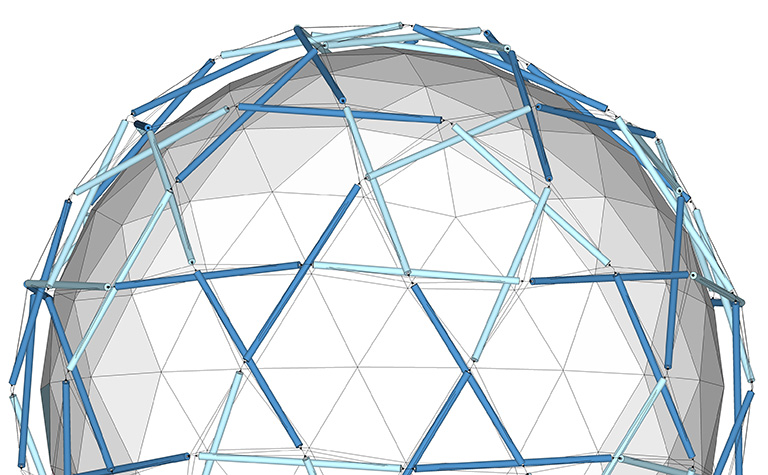 120-strut tensegrity sphere enclosing a 4F Class 1 geodesic polyhedron.