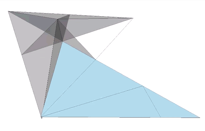 A positive A quanta module unfolding sequentially into a scalene triangle, which then flips on its long edge and re-folds into a negative A quanta module.