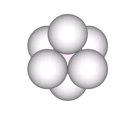 Six spheres close packed as an octahedron separate to reveal a vector model of the regular octahedron containing a concave vector equilibrium.