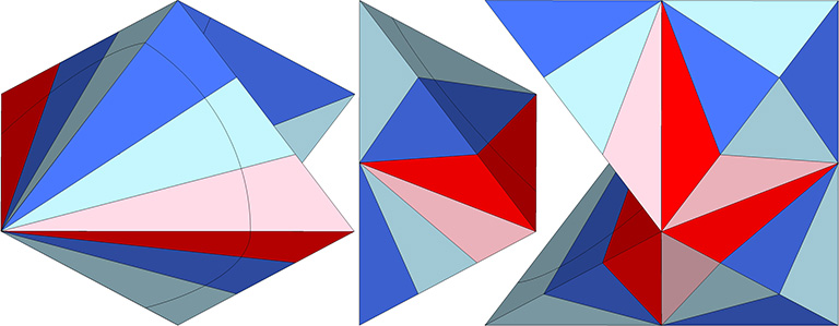 The Coupler (left) and the one-sixth rhombic dodecahedron (right) with one Mite between aligned with both.