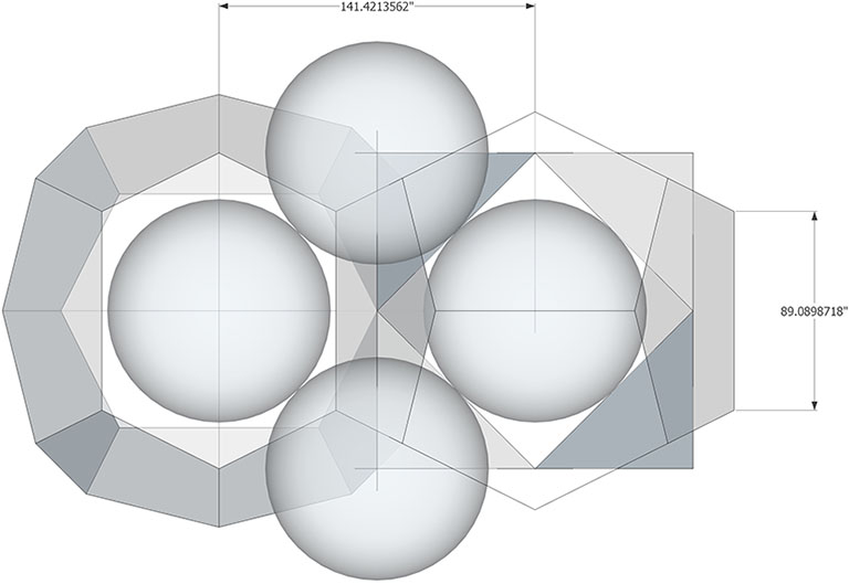 Illustration showing key dimensions (accurate to 7 decimal places) of the Weaire-Phelan matrix sized to the unit spheres of the isotropic vector matrix. 