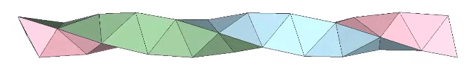 30-unit tetrahelix folded as a triple helix (pink, light blue, and light green) each of which complete about 1 cycle.
