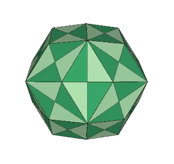 The rhombic triacontahedron dividing into its 120 T (or E) quanta modules, 60 positive (dark green) and 60 negative (light green).