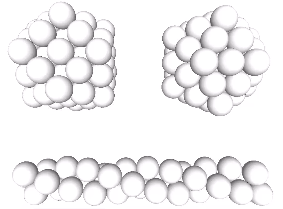 Radial, lateral, and linear close-packed arrays of unit-radius spheres as 2F VE (upper left), 2F icosahedron (upper right), and a tetrahelix (bottom).