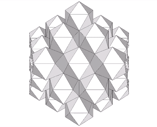 Two-frequency shell of regular icosahedra expanding outward to reveal the shape of the central void.