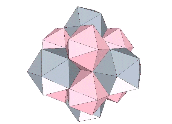 Rhombic dodecahedral shell of six regular and eight complementary icosahedra face-bonded to each other and to a regular icosahedron at their common center.