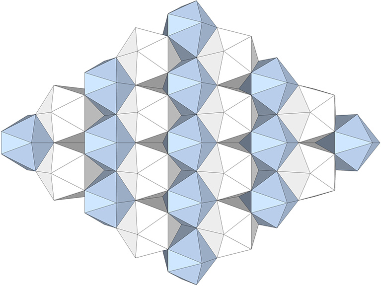Rhombic lattice of twelve regular and thirteen complementary, face-bonded icosahedra.