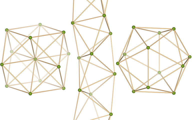 Vector models of radially, linearly, and laterally close-packed spheres, constructed of sticks and flexible connectors.