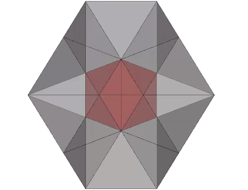 Transparent concave pentagonal dodecahedron with the peaks of its concave faces connected to form a regular icosahedron (red).