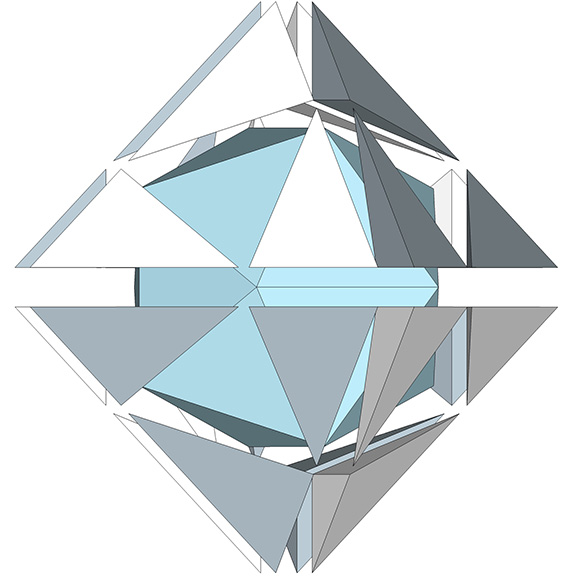 A regular subdivided into a regular icosahedron and the remaining space, which is further subdivided into 24 S quanta modules.