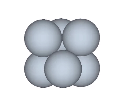 Six unit-radius close-packed spheres spontaneously transforming between radial and helical configurations.