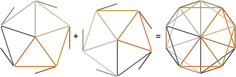 Two groups of five open-ended triangles radiating from a common vertex combine to form the twenty triangular faces of the regular icosahedron.