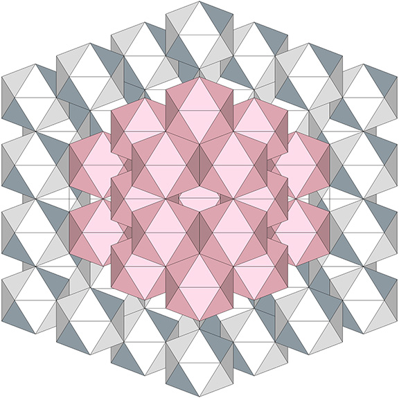 Sectional view of F3 icosahedral shell surrounding 31 tightly packed icosahedra.